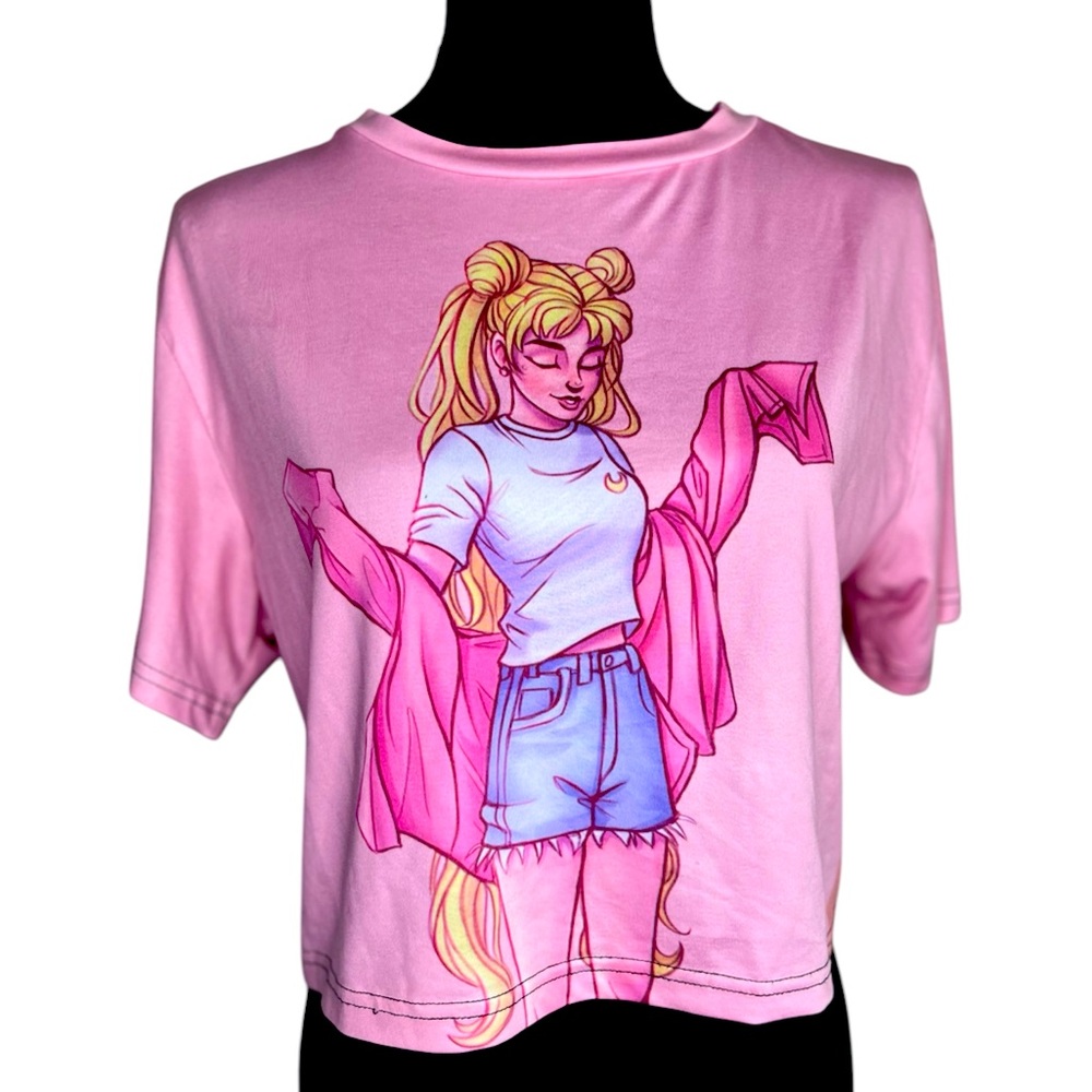 Short Sleeve Anime Graphic Pink Crop Top Womens Size Small